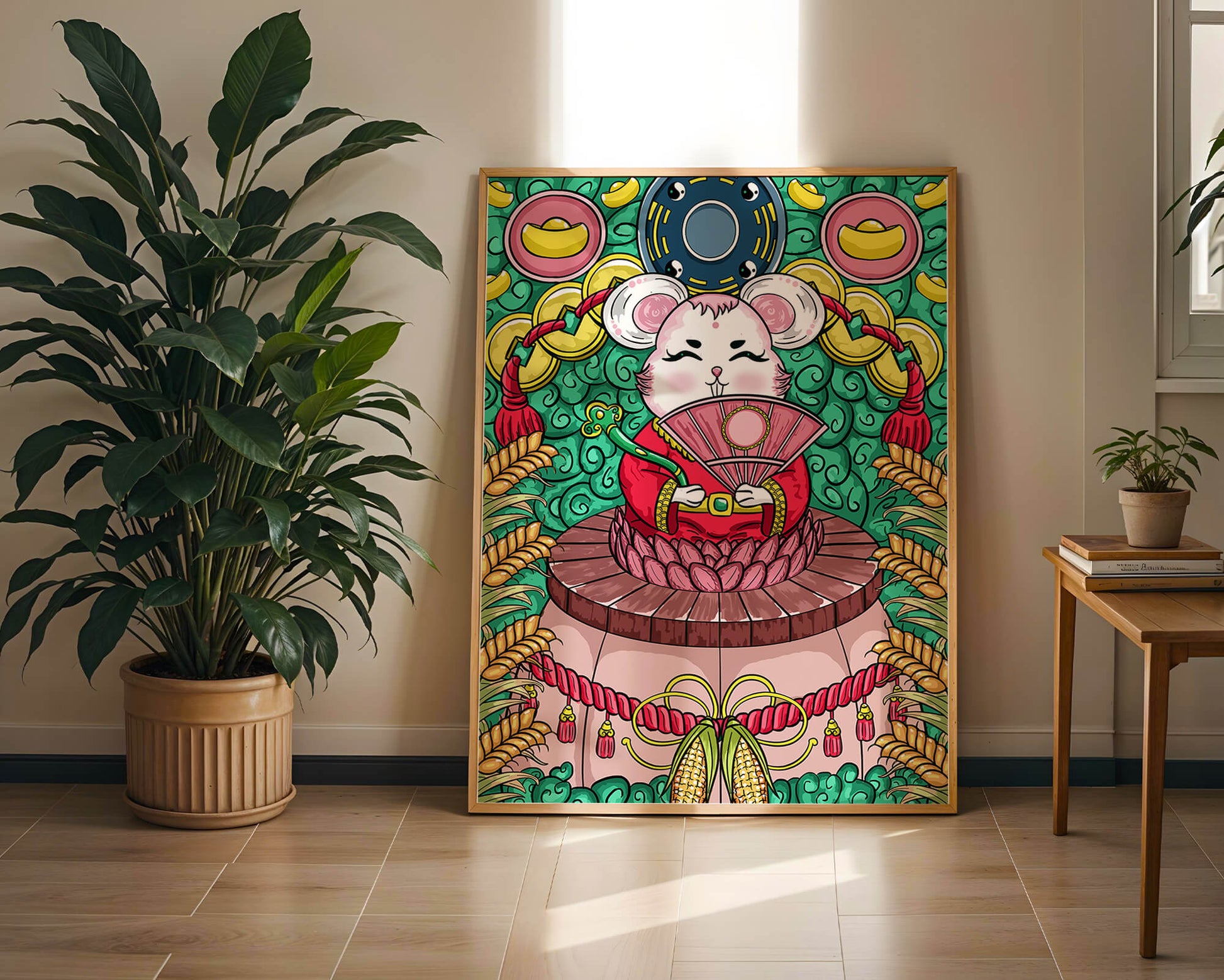 Encantador ratón decorativo con elementos asiáticos y monedas sobre un fondo vibrante.