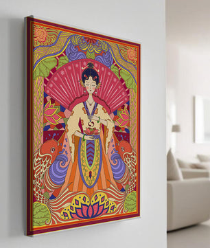 Ilustración oriental colorida con motivos de peces koi y loto
