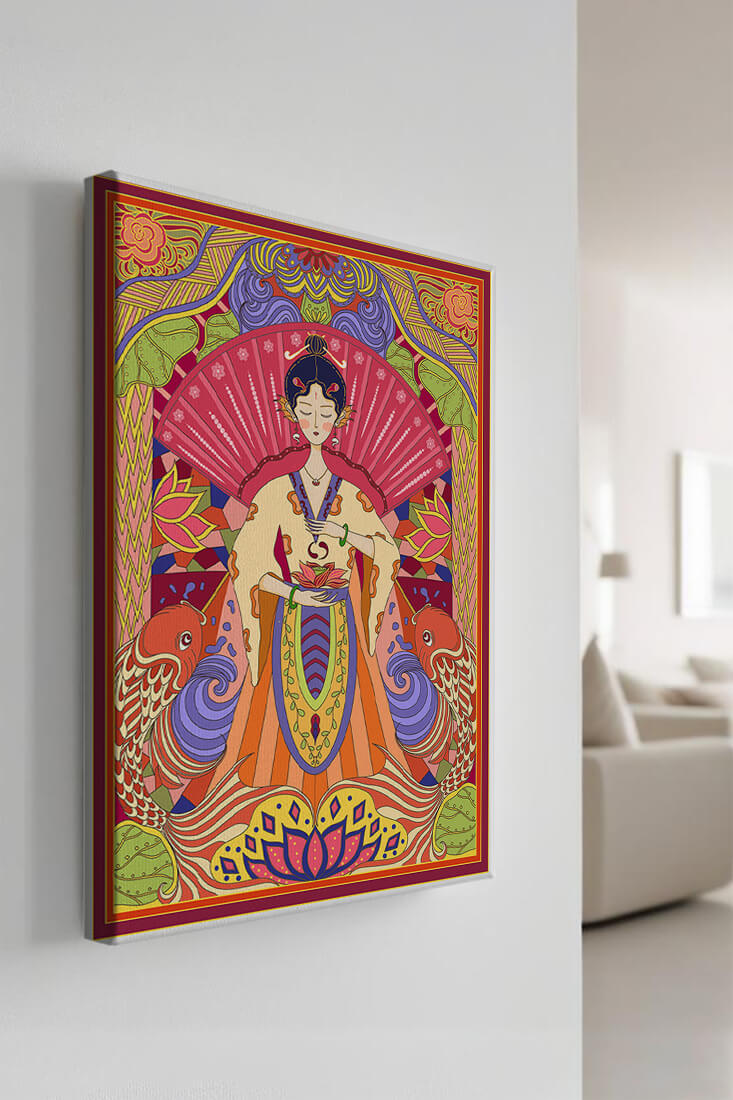 Ilustración oriental colorida con motivos de peces koi y loto