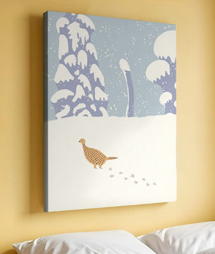 Winter landscape with pheasant walking through snowy forest