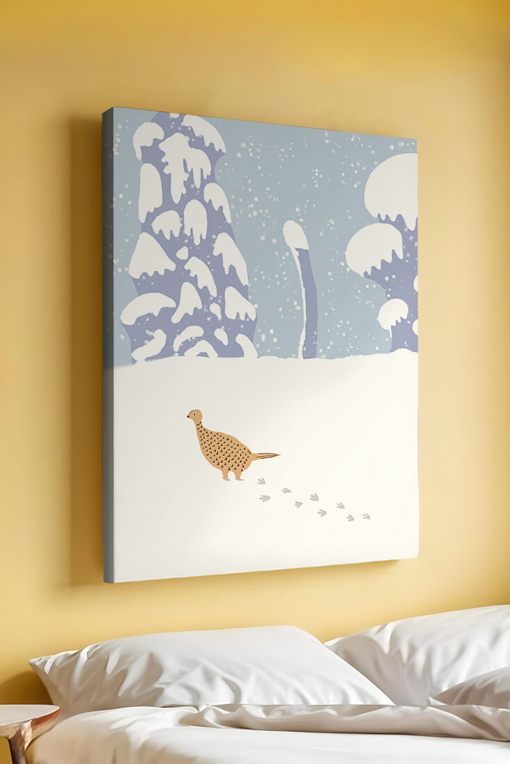 Winter landscape with pheasant walking through snowy forest