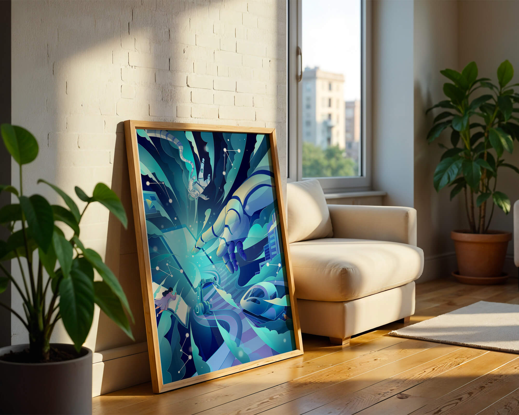 Futuristic digital artwork featuring astronaut and robotic hand in vibrant blue tones