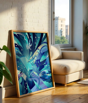 Futuristische digitale Kunst mit Astronaut und Roboterhand in lebhaften Blautönen