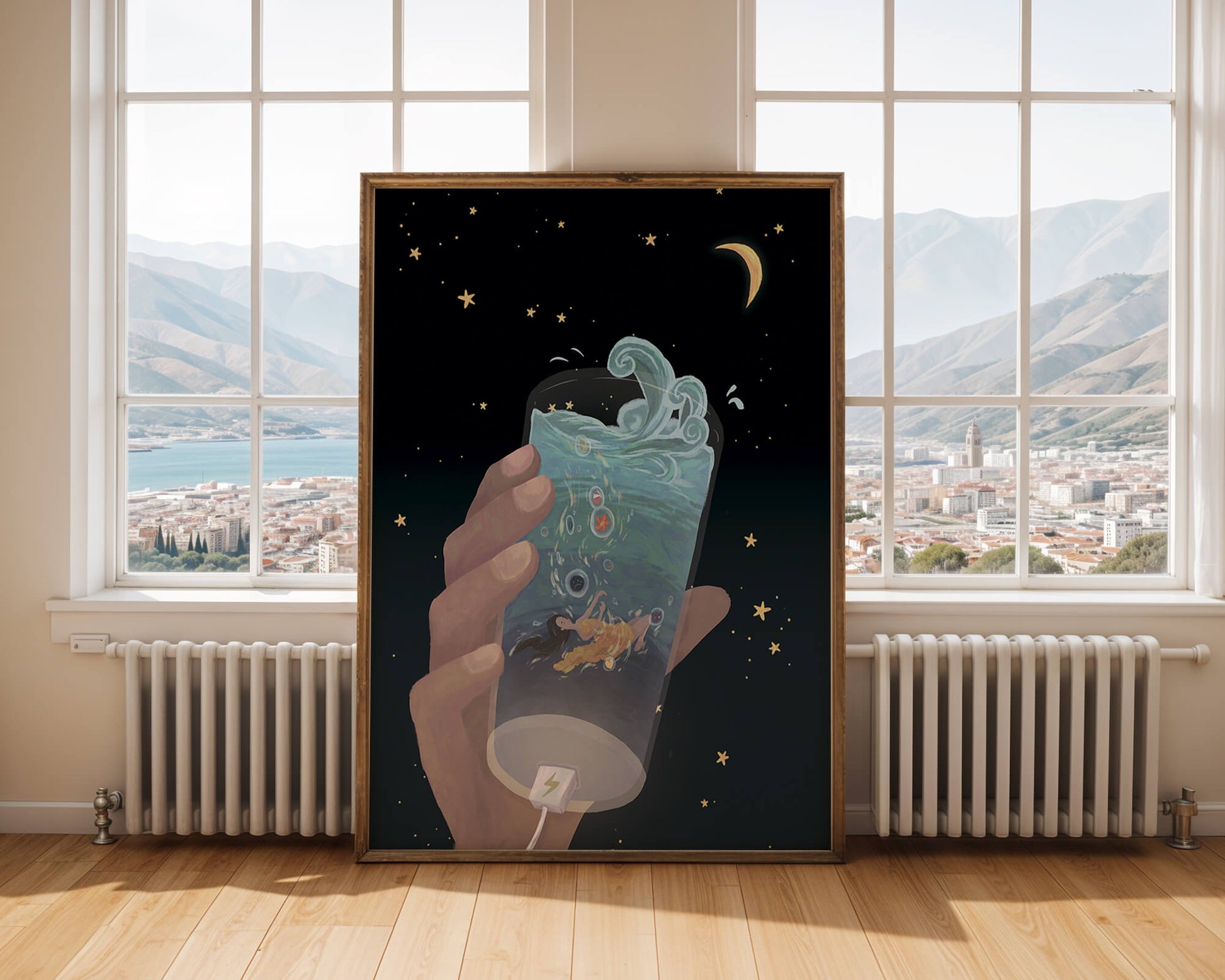 Abstract night sky scene with hand holding a glass of swirling water