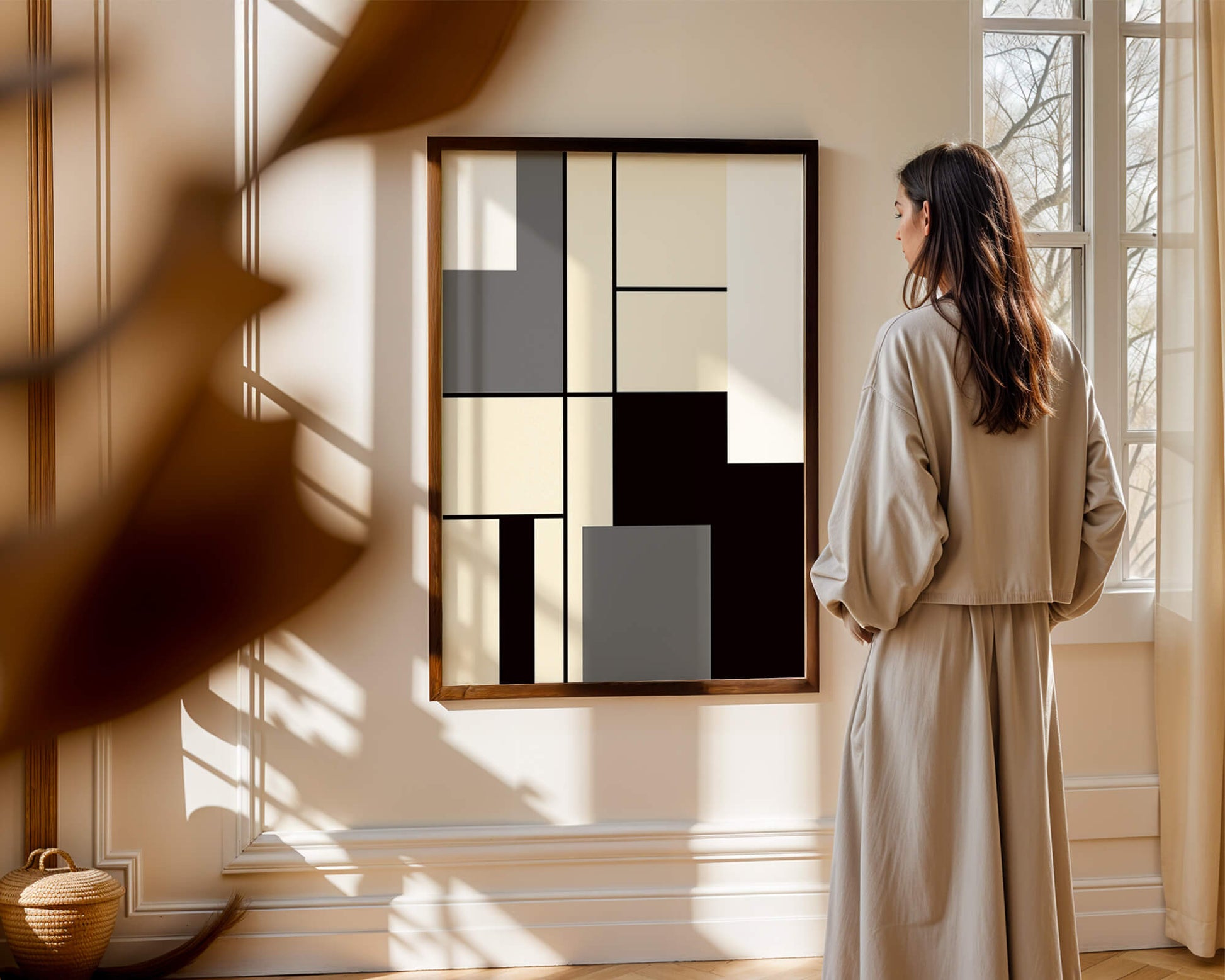 Abstract geometric design with muted shades and bold lines