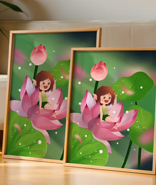 Charming fairy sitting on a blooming pink lotus in a magical garden