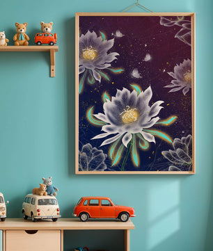 Lotus Flowers and Butterflies in a Starry Night Sky with Gold Accents - Mi tienda
