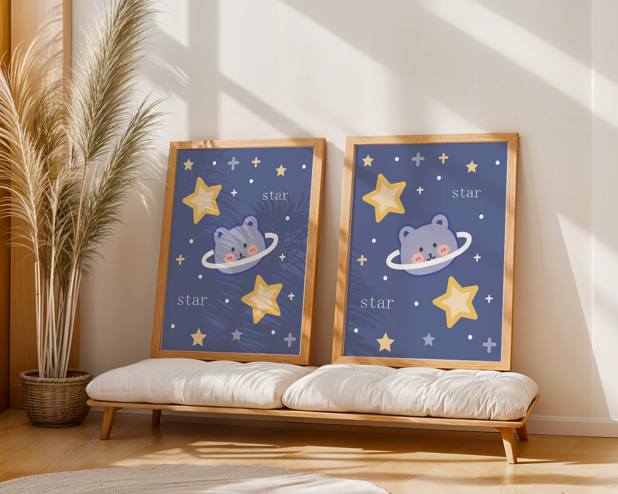 Adorable cartoon bear with stars on a blue background