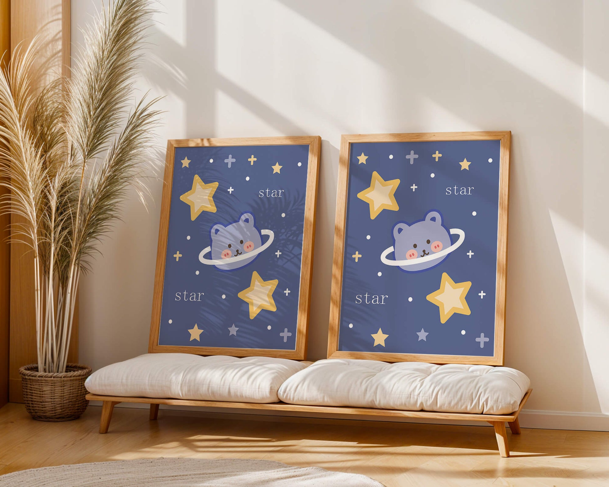 Adorable cartoon bear with stars on a blue background