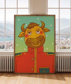 Cartoon cow character in a red coat against a snowy background