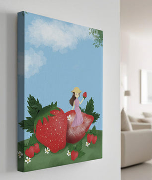 Ilustración encantadora de una niña en un campo de fresas