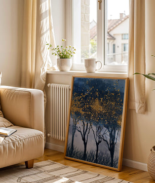 Mystical forest landscape with gold splatter art
