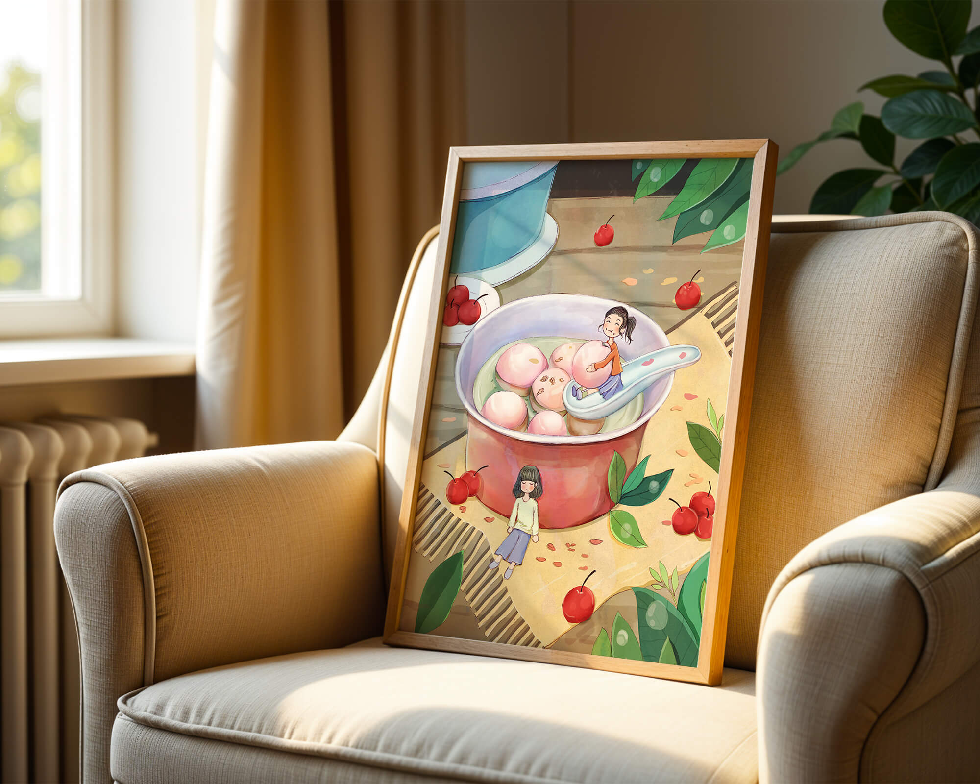 Charming illustration of children with dessert in a whimsical setting