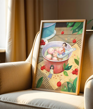 Charming illustration of children with dessert in a whimsical setting