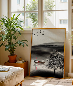Voyage paisible en bateau dans un paysage serein avec oiseaux et arbre