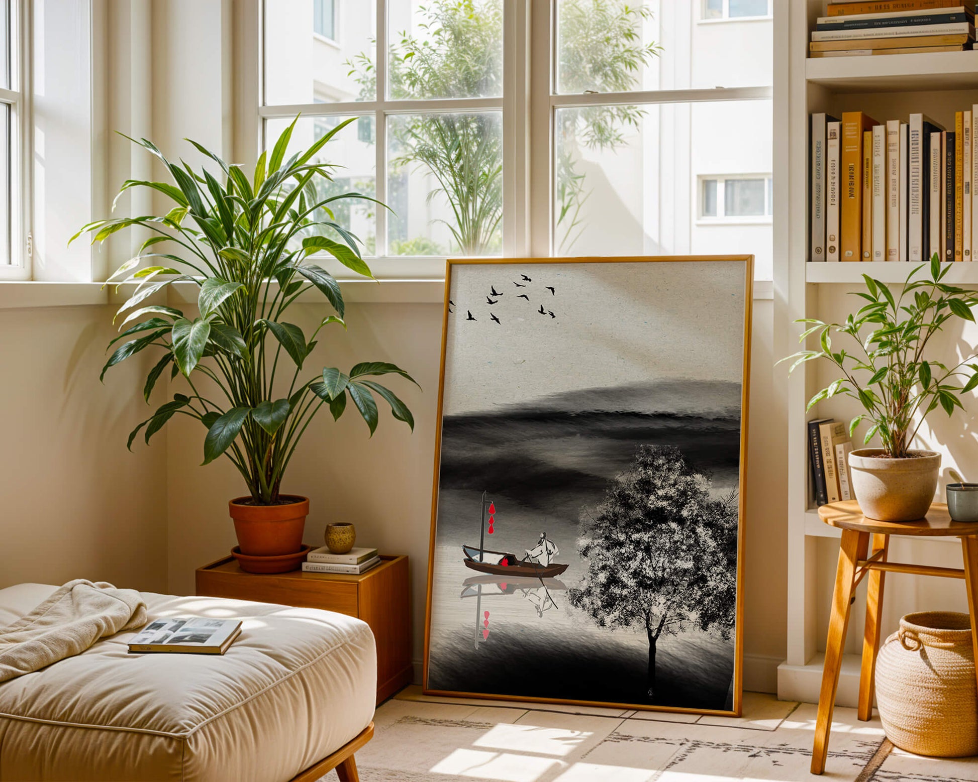 Tranquilo viaje en barco en un paisaje sereno con pájaros y árbol