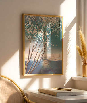 Paisaje sereno con árbol en flor sobre la reflexión del agua tranquila