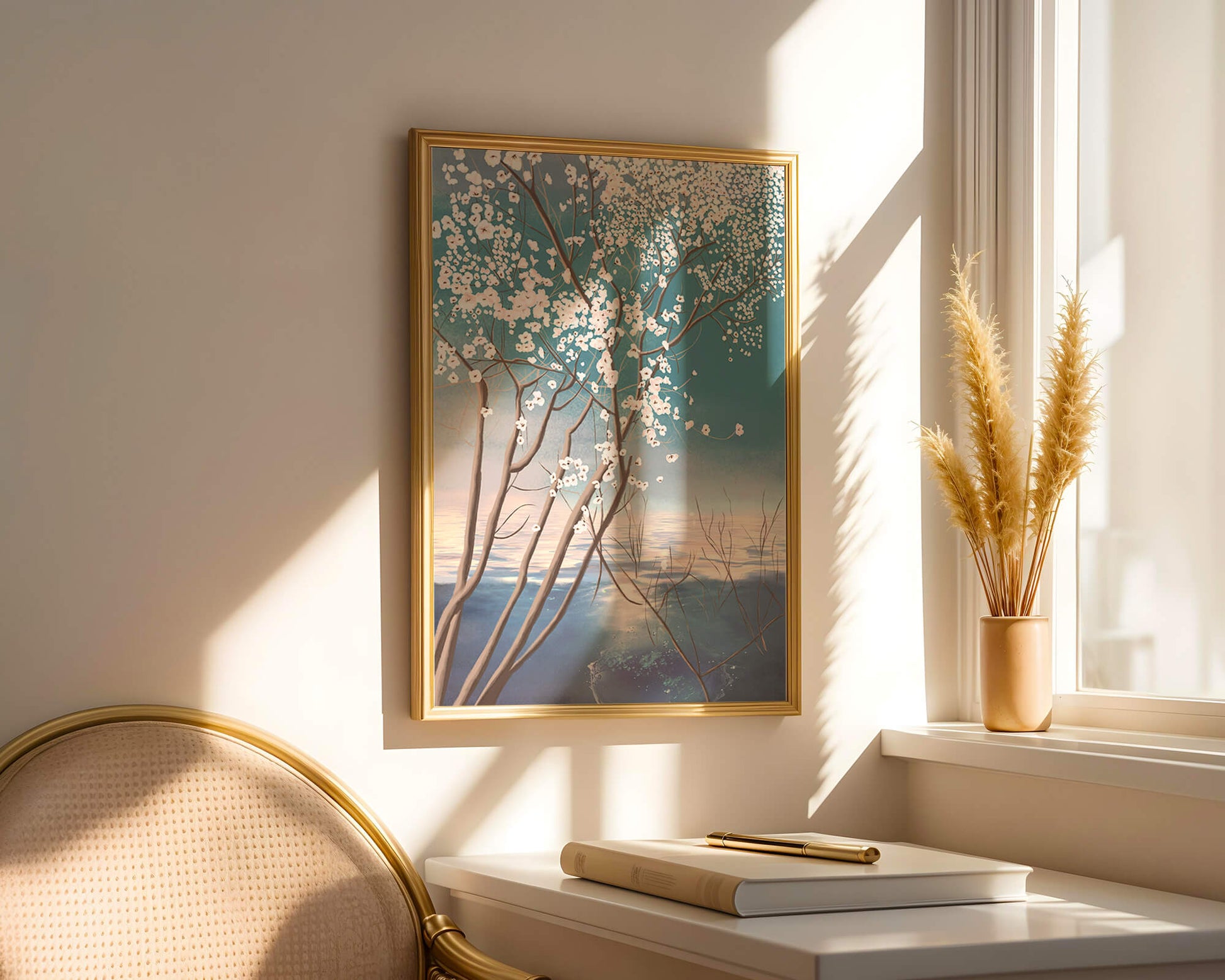 Serene landscape with blossoming tree over calm water reflection