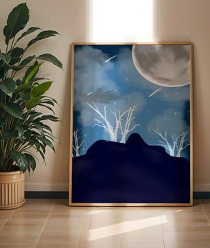 Paysage nocturne d'hiver avec arbres nus et pleine lune