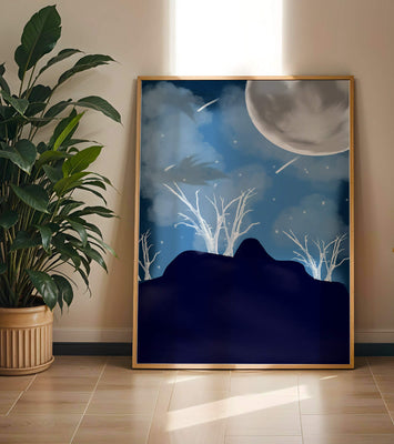 Winter Night Landscape with Bare Trees and Full Moon