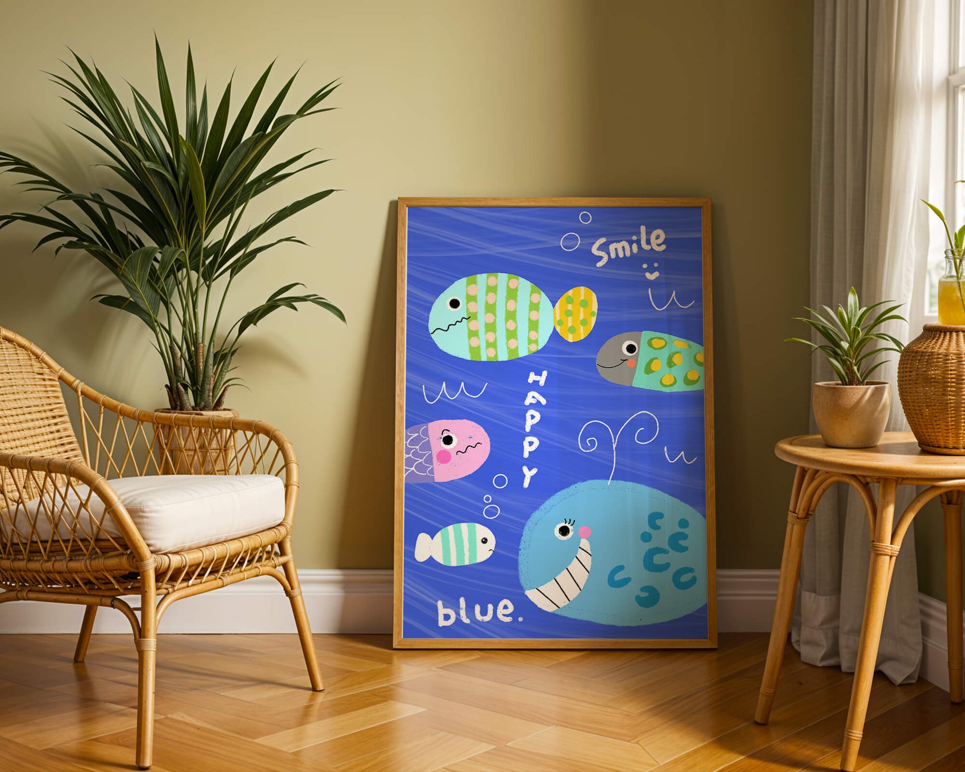 Colorful underwater scene with smiling cartoon fish
