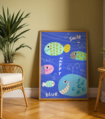 Colorful underwater scene with smiling cartoon fish