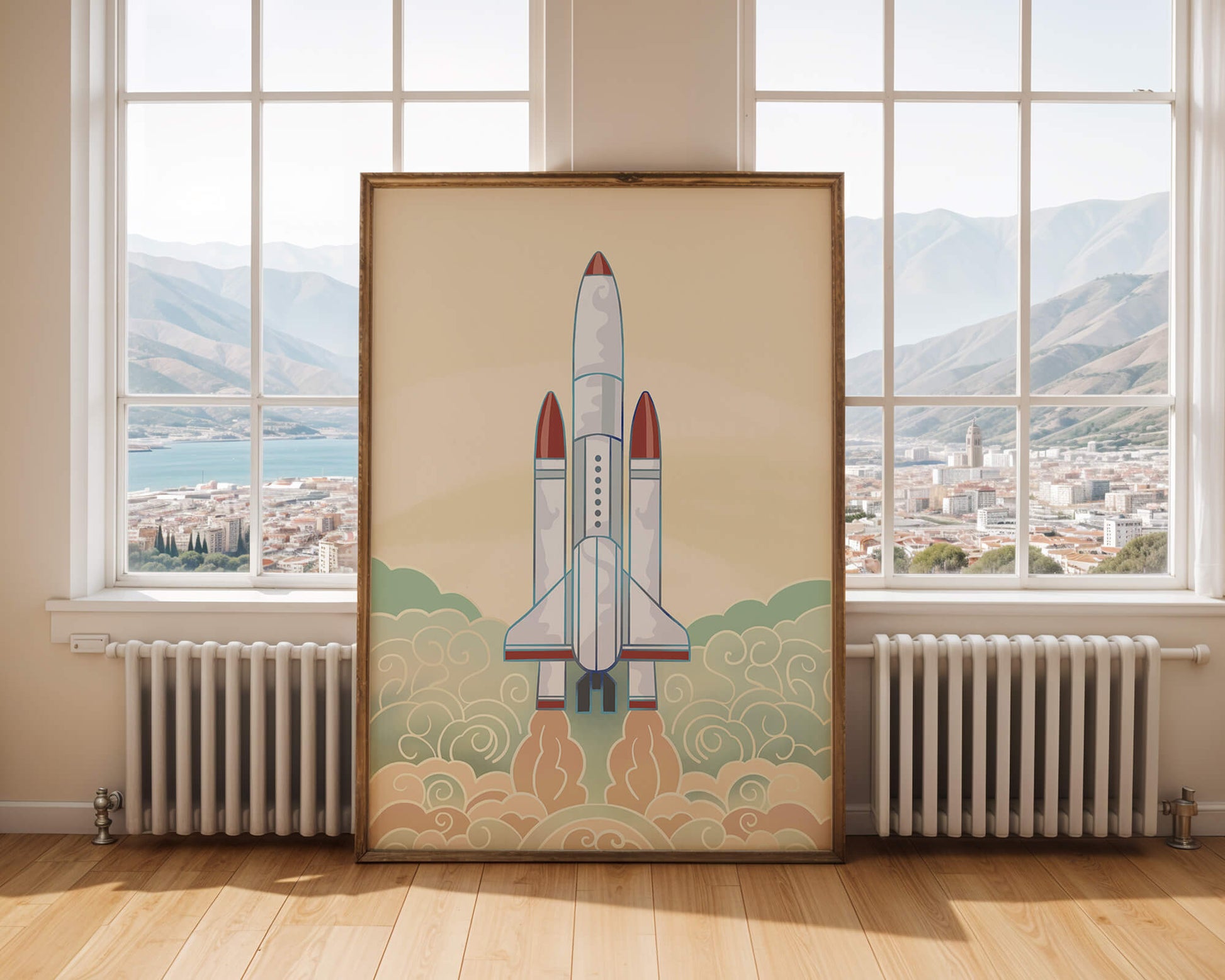 Colorful rocket launch from vintage-style clouds