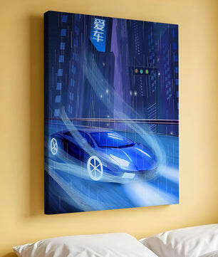 Futuristisches blaues Auto rast durch neonbeleuchtete, verregnete Stadtlandschaft