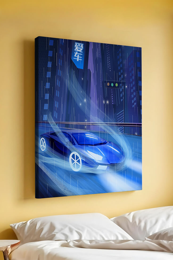 Futuristic blue car speeding through neon-lit rainy cityscape