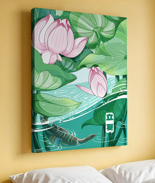 Illustration nature sereine avec fleurs de lotus et vie aquatique