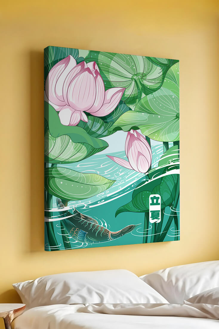 Ilustración de la naturaleza serena con flores de loto y vida acuática