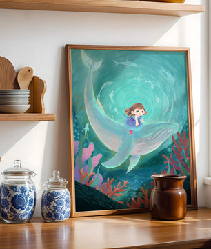 Underwater scene with child and whale surrounded by marine life