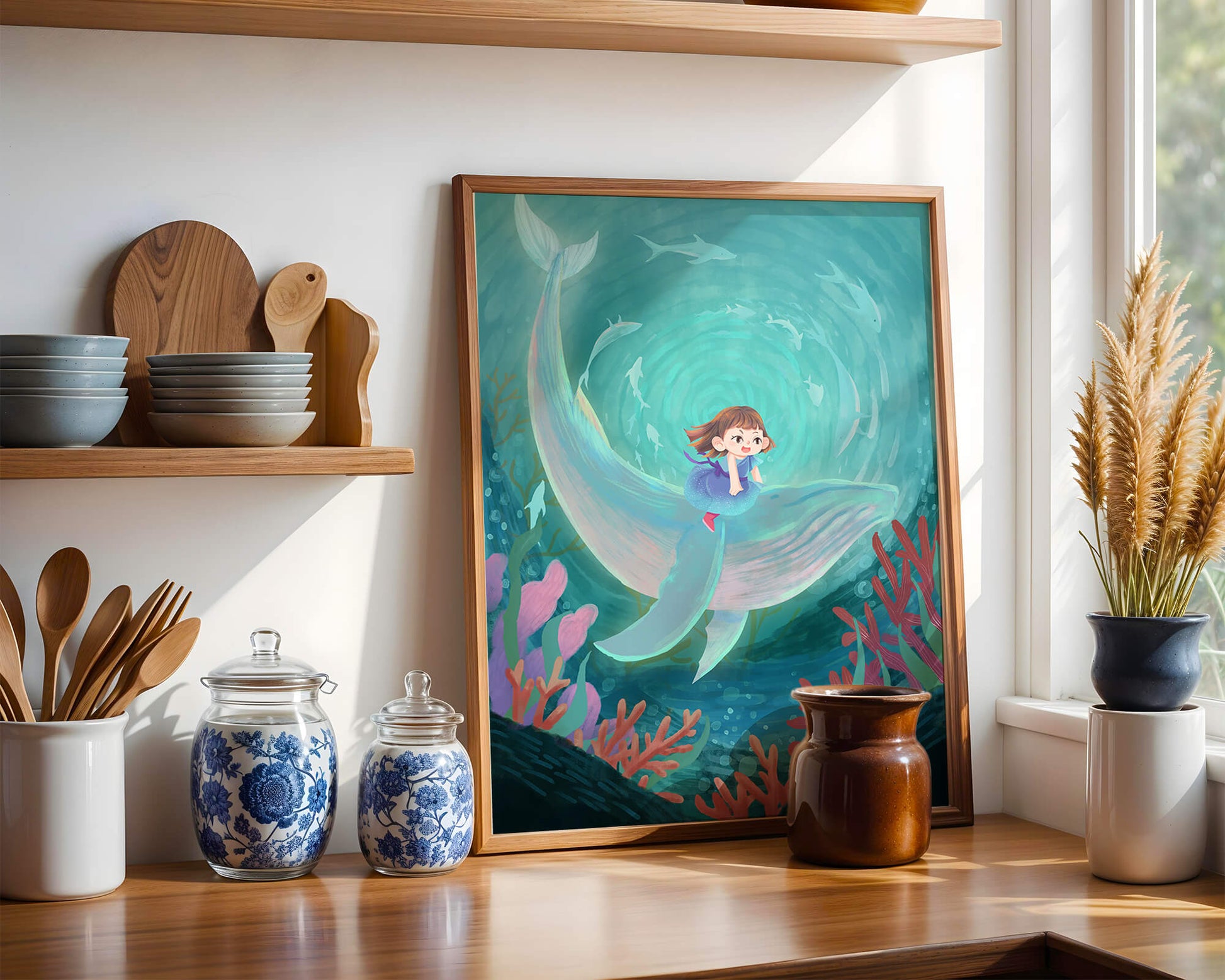 Underwater scene with child and whale surrounded by marine life