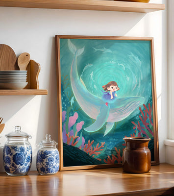 Underwater scene with child and whale surrounded by marine life