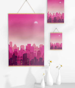 Skyline urbano al anochecer con degradado rosa y noria