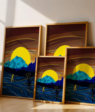Paisaje surrealista con una puesta de sol vibrante y silueta