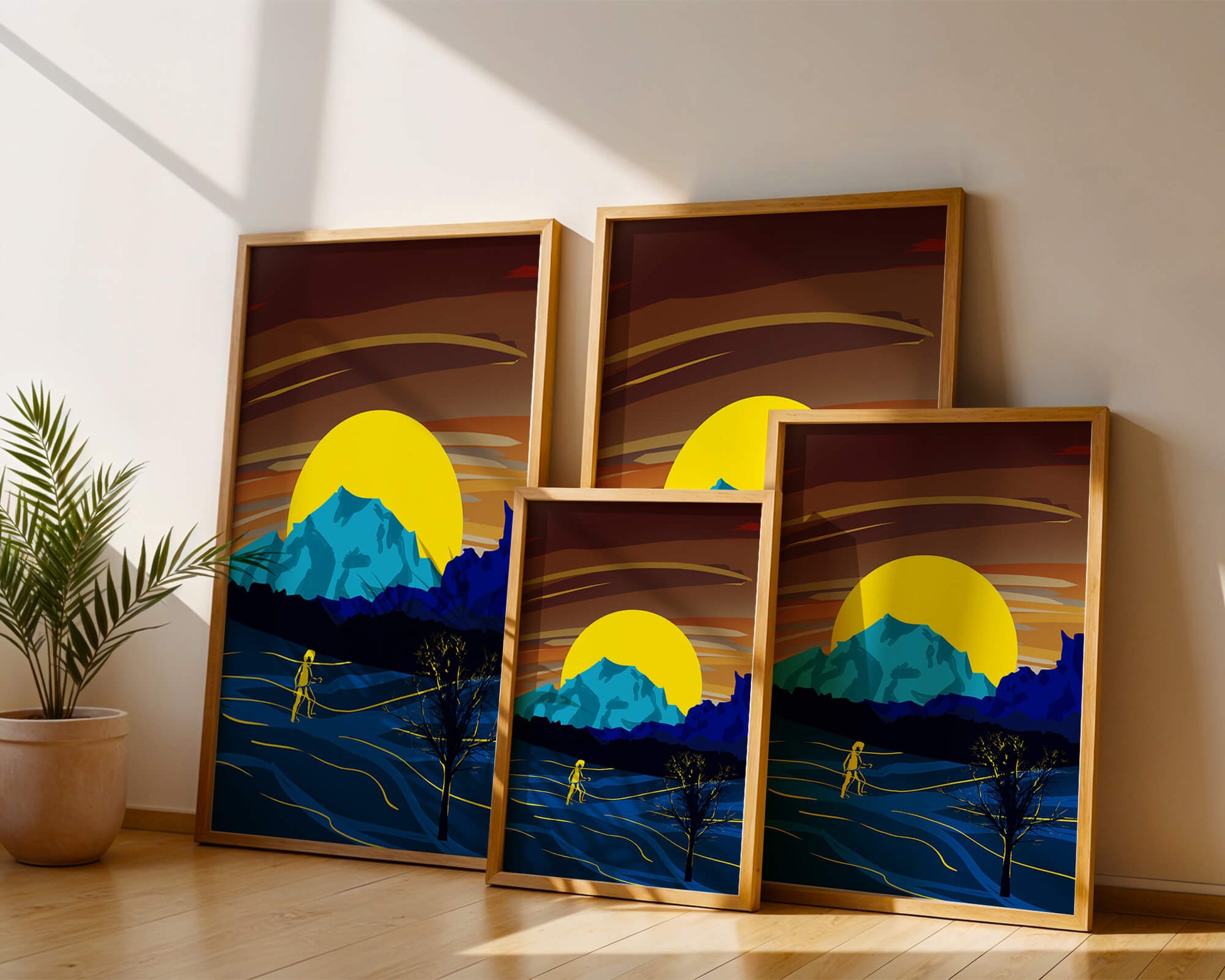 Surreal landscape with a vibrant sunset and silhouette