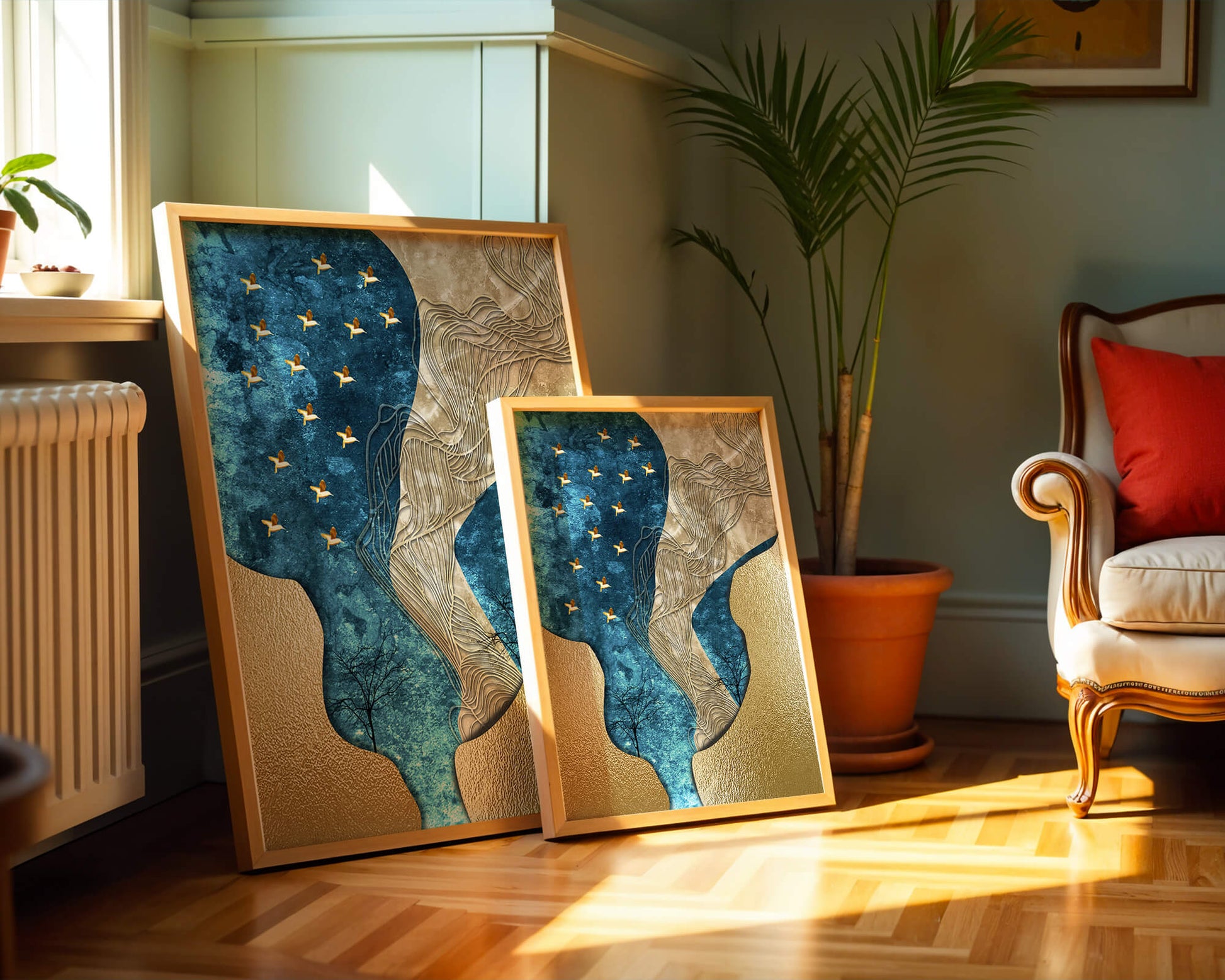 Abstract Textured Landscape with Gold and Blue Elements