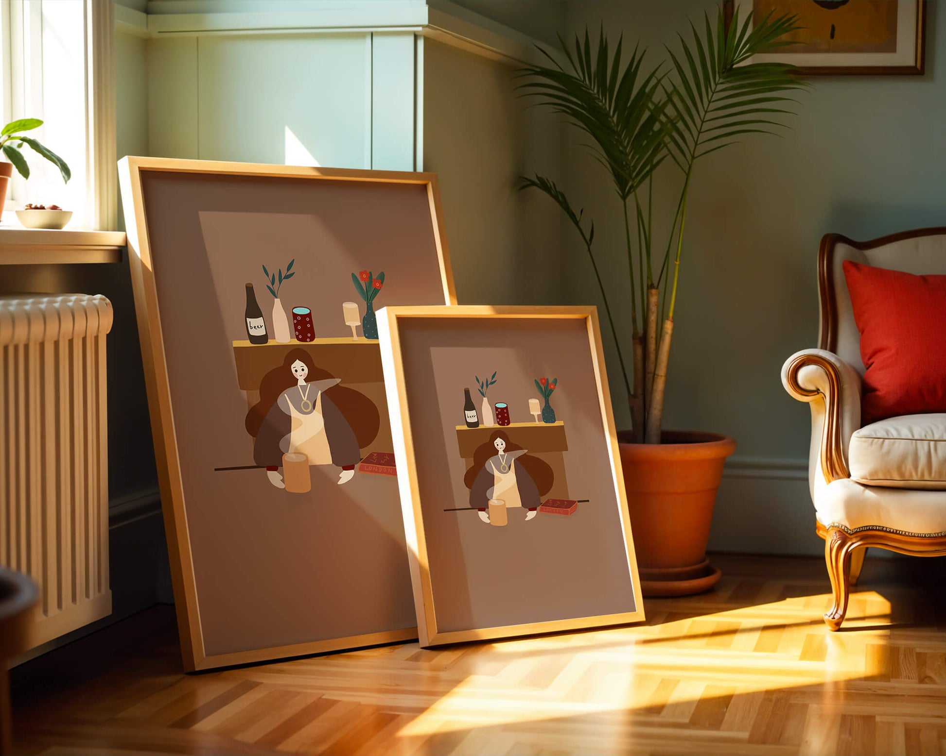 Escena acogedora con mujer junto a la chimenea y elementos decorativos