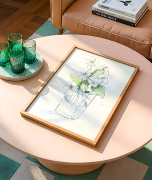 Delicadas flores blancas en una ilustración de jarrón de cristal