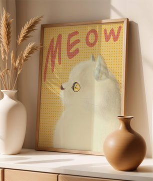Profile View of a White Cat with Meow Text on Yellow Background