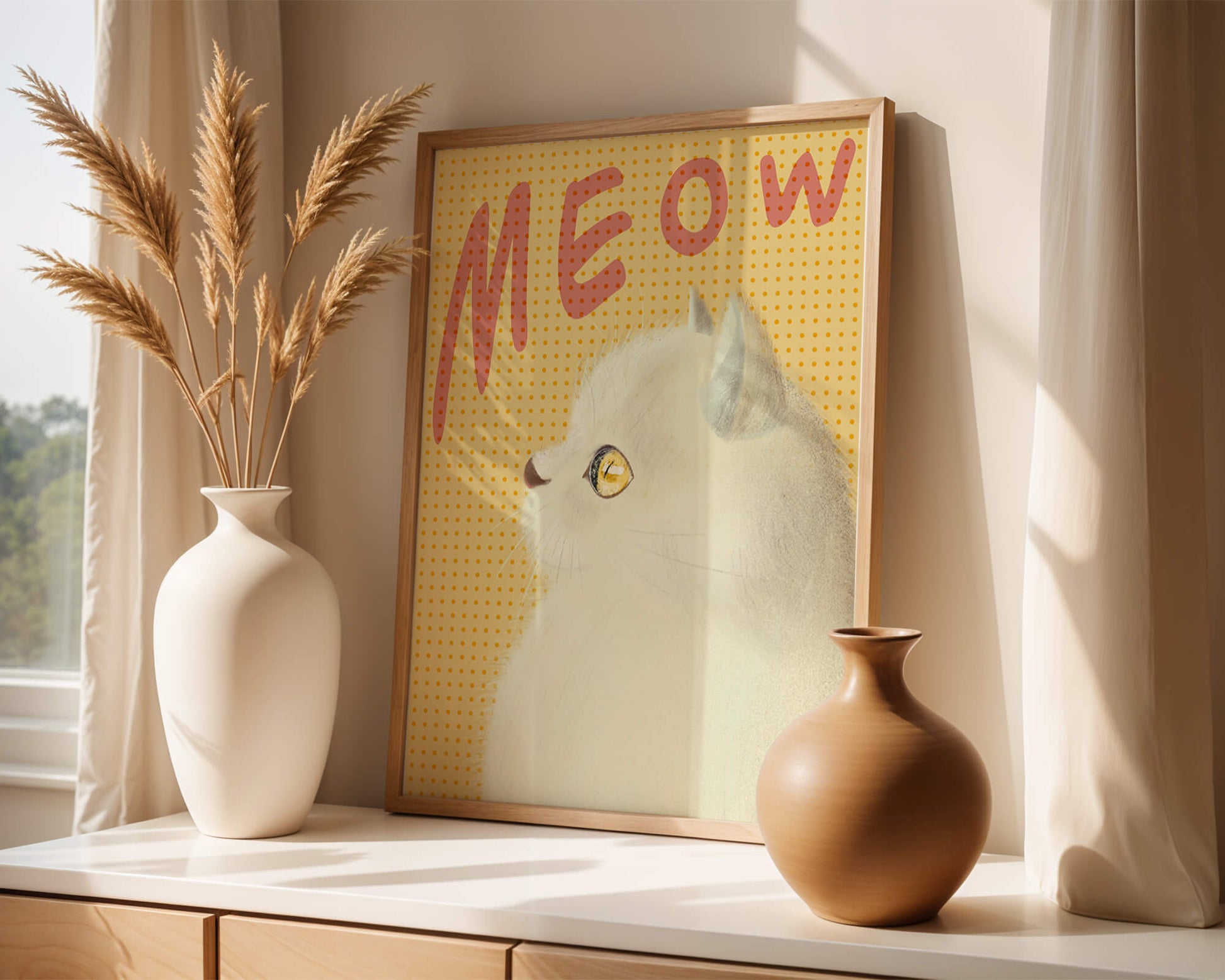 Profile View of a White Cat with Meow Text on Yellow Background