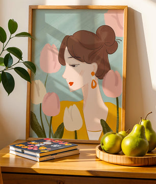 Illustration d'une femme avec des tulipes et des boucles d'oreilles élégantes