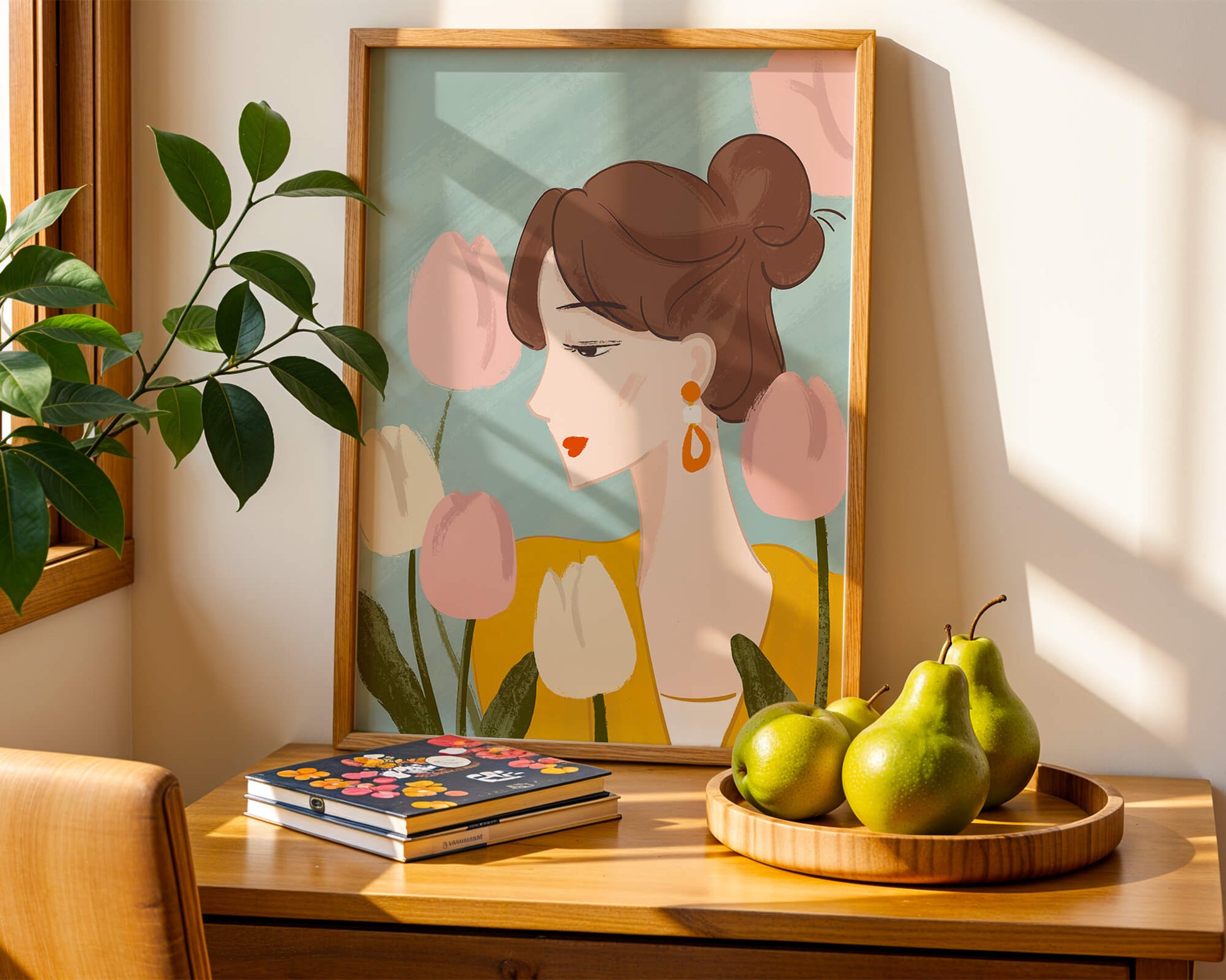 Illustration of a woman with tulips and elegant earrings
