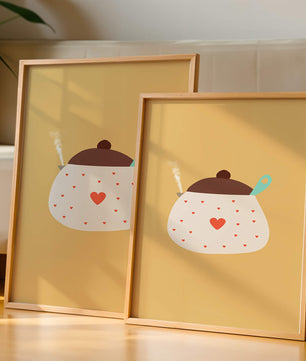 Ilustración de una olla decorada con corazones y vapor sobre fondo amarillo