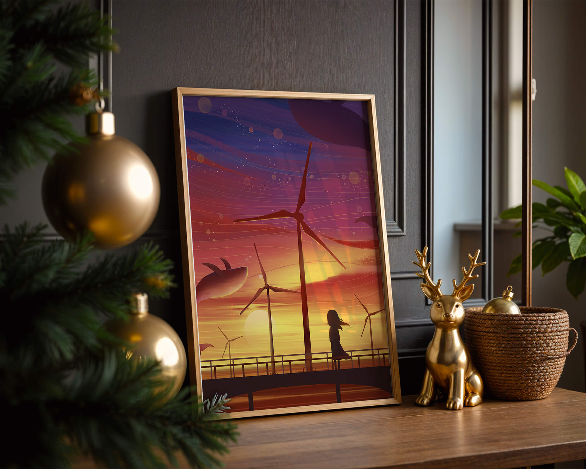 Enchanting sunset scene with wind turbines and silhouette of a girl