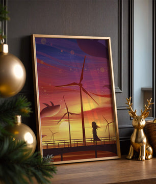 Enchanting sunset scene with wind turbines and silhouette of a girl
