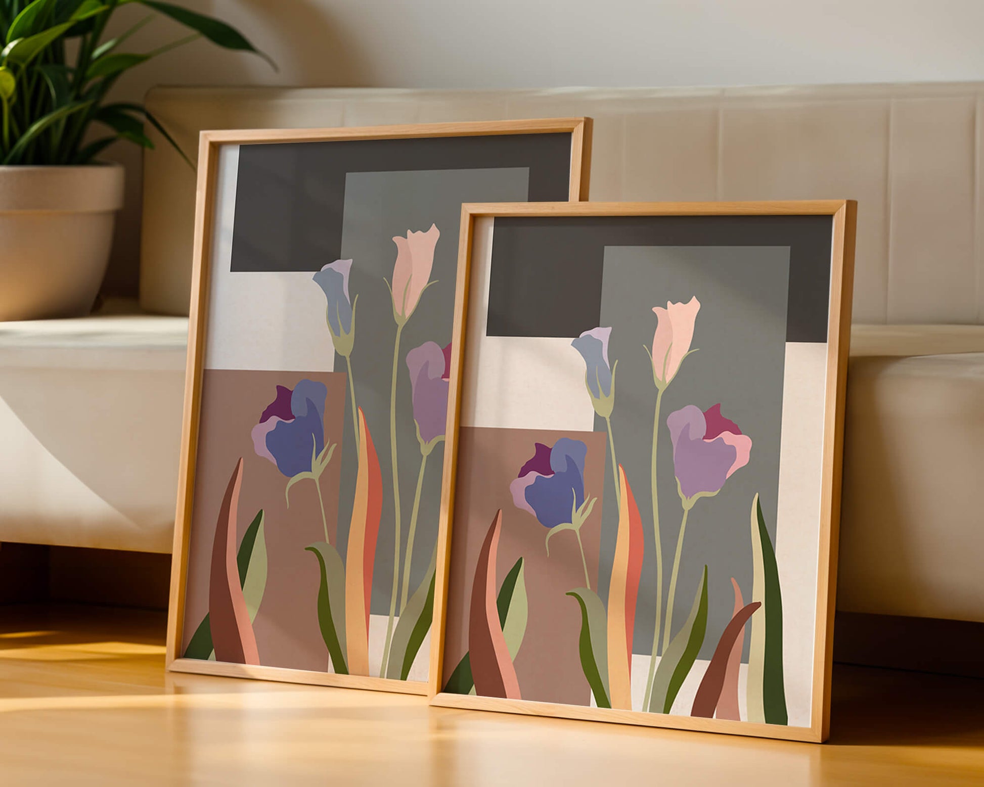 Arte floral abstracto con fondo geométrico colorido