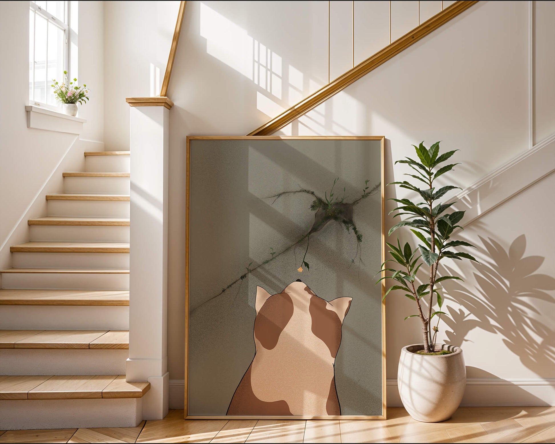 Chat observant une fleur poussant sur un mur fissuré
