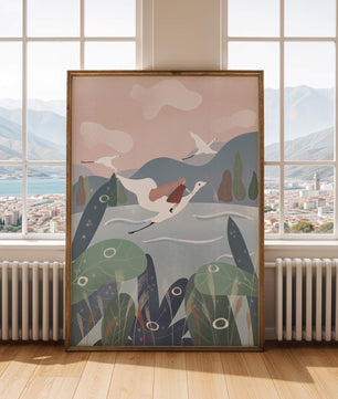 Whimsical landscape with flying birds and pink sky